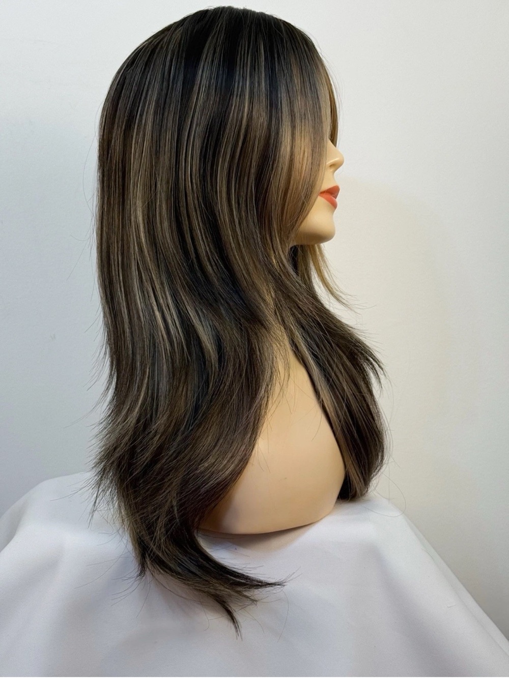 22” Human Hair Blend Dark Ash Brown Highlight Women Air Bangs Heat Resistant
